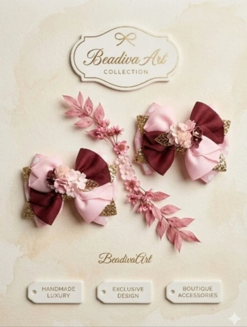 Handmade Bow Pink and Burgundy Hair Bows with Gold Accents (Set)🎀✨